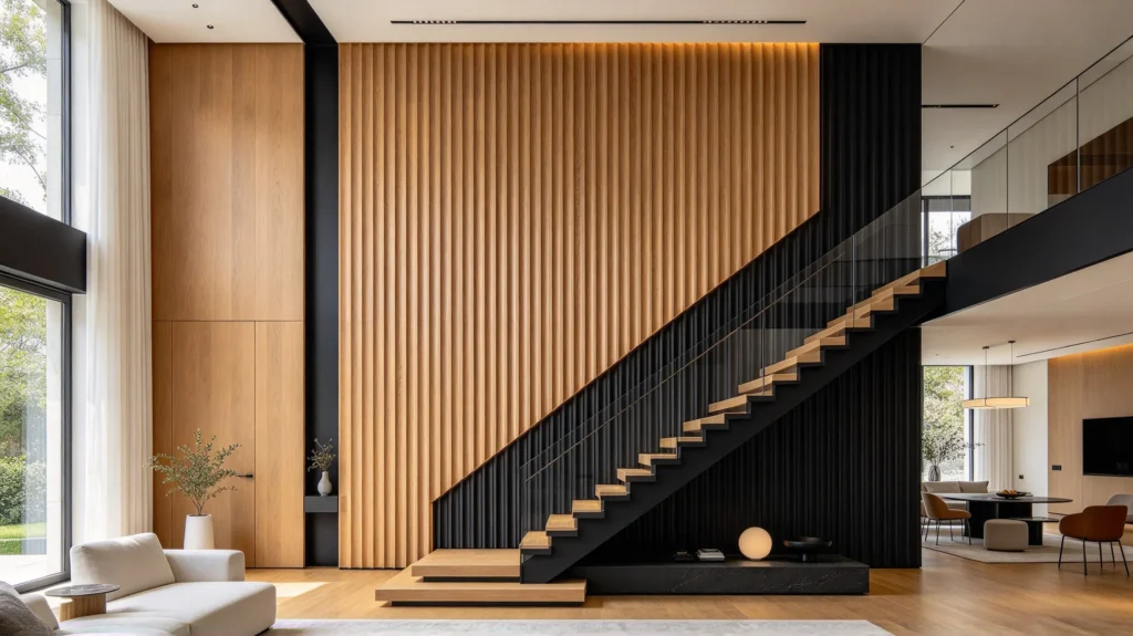 Black and oak two-tone fluted wall panel highlighting a staircase and living room transition