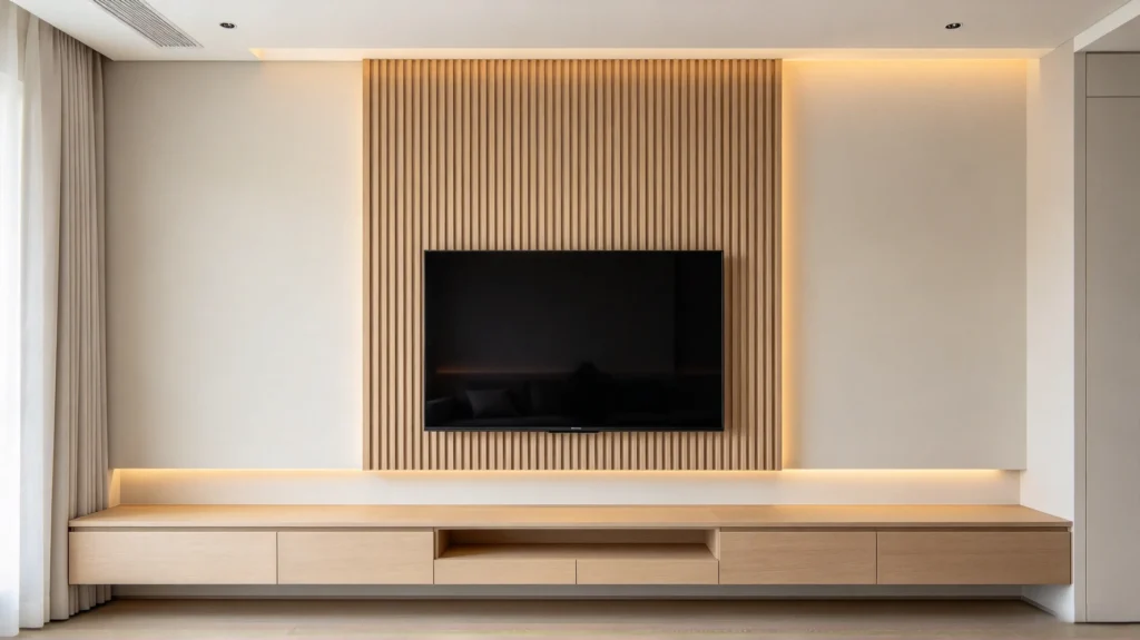 Central fluted wall panel with smooth painted walls on a modern TV feature wall