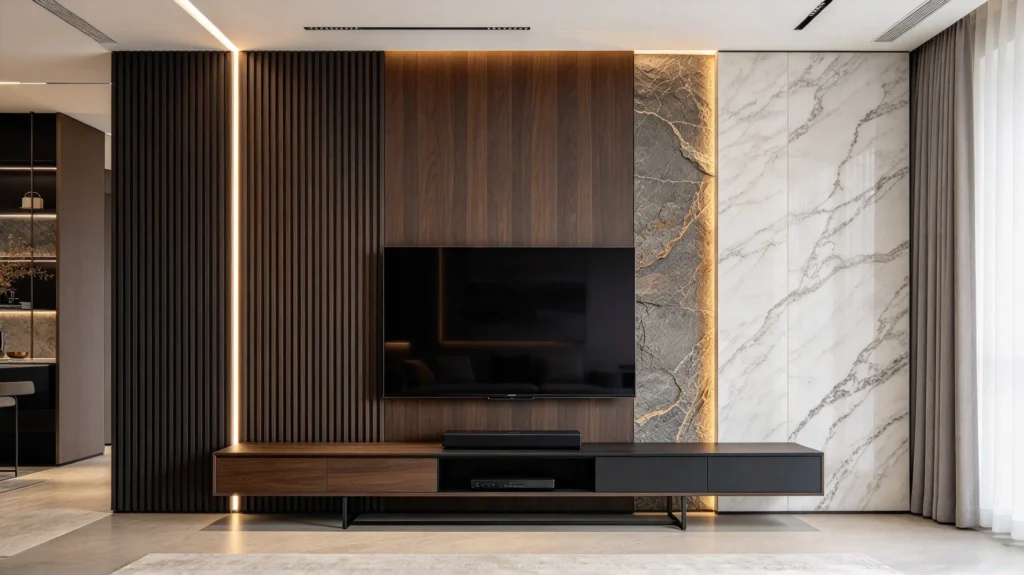 Dark fluted TV wall panel with marble accents in a modern living room