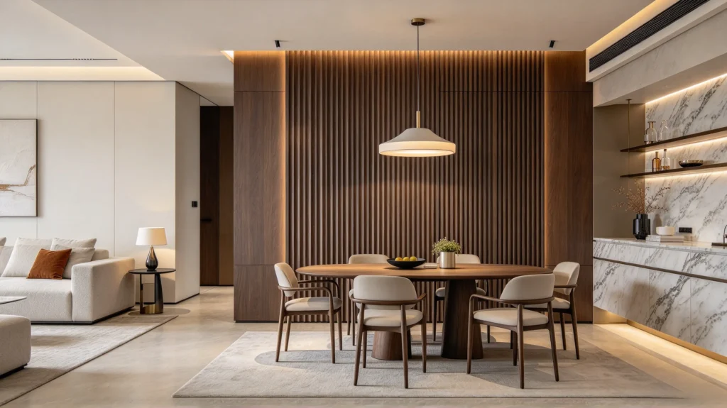 Dark fluted accent wall panel in an open-plan dining and living area with mixed materials