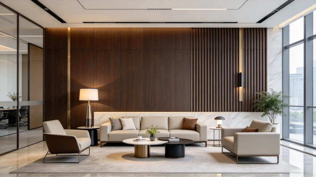 Dark fluted wall panel with stone and metal accents in a modern office