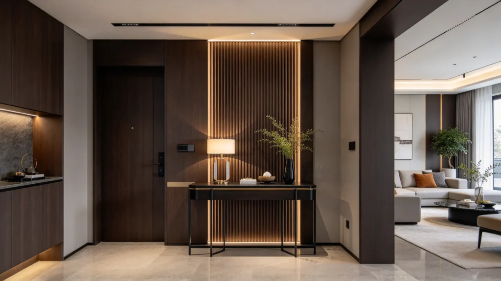 Dark fluted wall panel with subtle metal accents in a contemporary foyer
