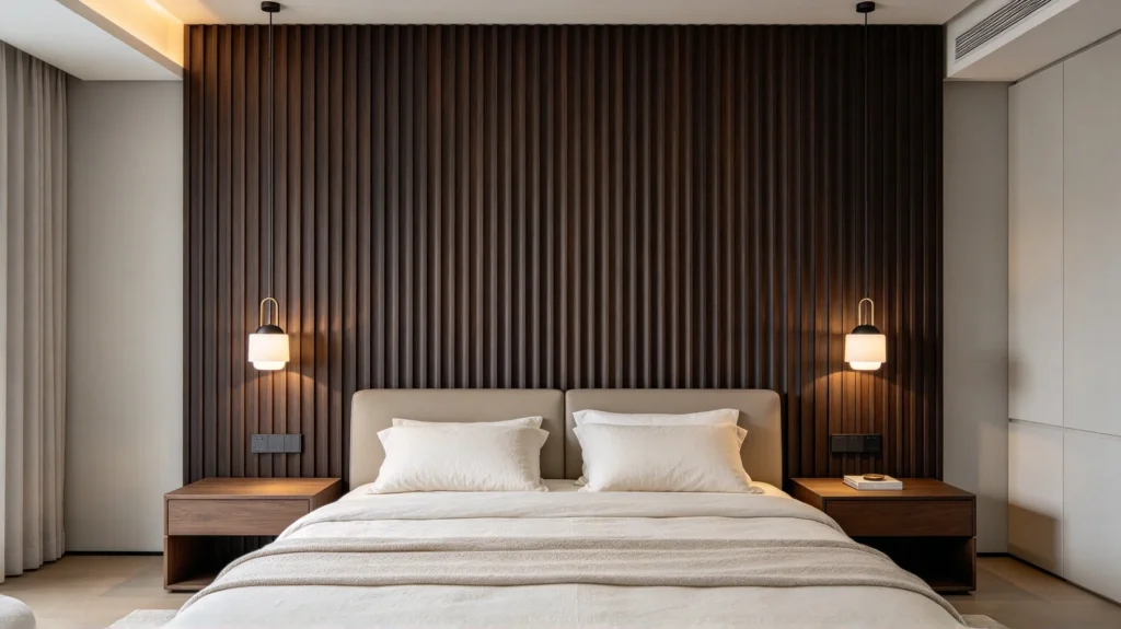 Dark fluted wood headboard with light bedding in a modern bedroom
