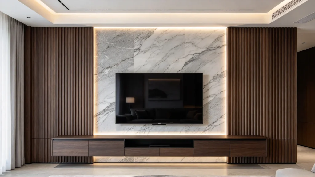 Dark walnut fluted wall panel with light gray marble in a modern living room