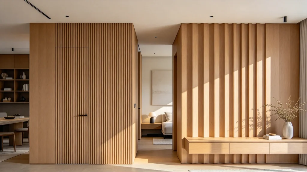 Fine and wide fluted wall panels showing different groove widths and shadow effects