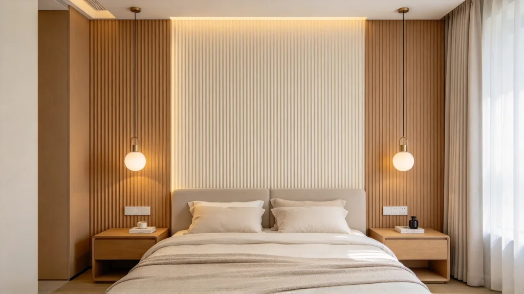 Fine-groove fluted wall panel in a small bedroom with a subtle airy design
