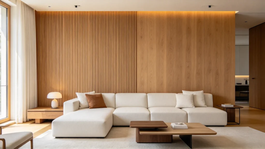 Floor-to-ceiling oak fluted wall panel creating a warm accent wall in a modern living room (1)