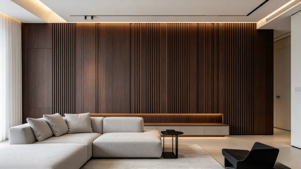 Floor-to-ceiling oak fluted wall panel creating a warm accent wall in a modern living room (2)