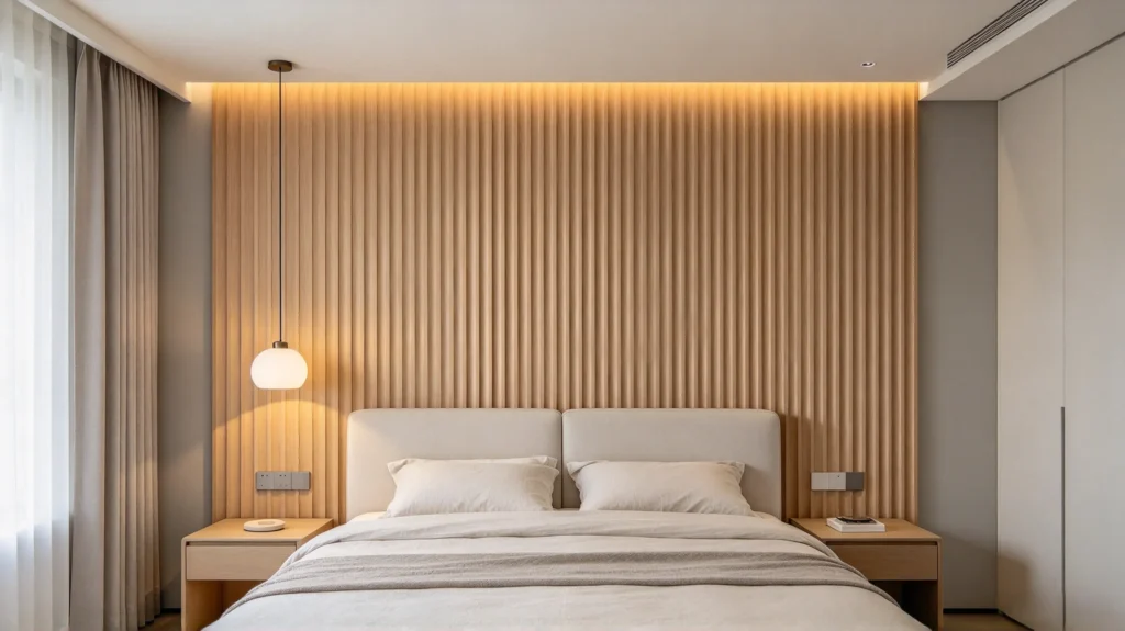 Floor-to-ceiling vertical fluted wall panels behind the bed in a modern bedroom