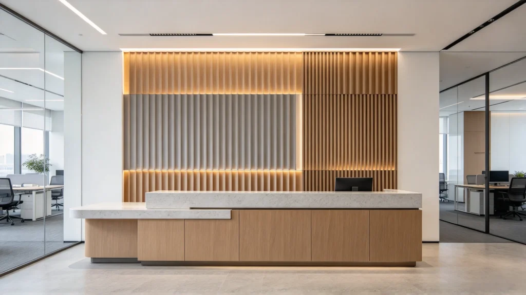 Fluted accent wall panel behind a reception desk in a modern commercial office