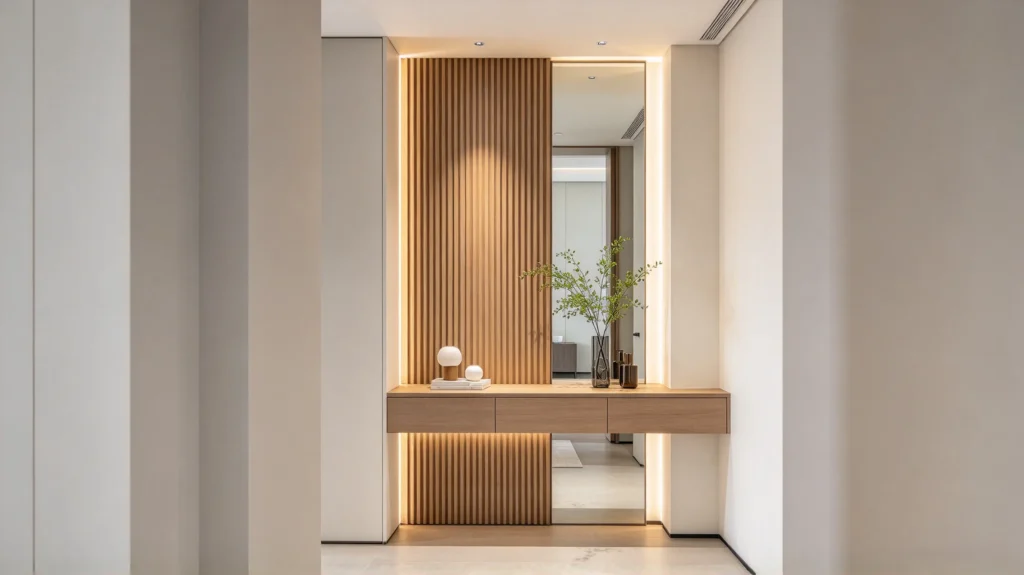 Fluted wall panel accent behind an entryway console with smooth painted walls