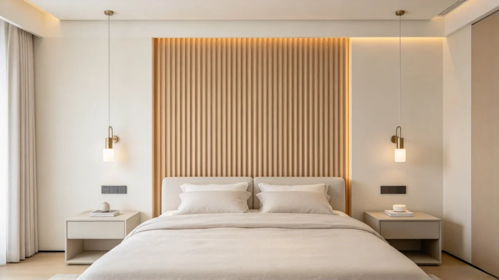 Fluted wall panel behind the bed with smooth surrounding walls in a modern bedroom