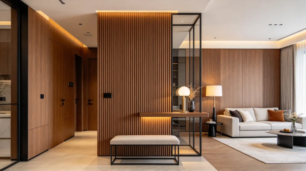 Fluted wall panel divider separating an entryway from a modern living room