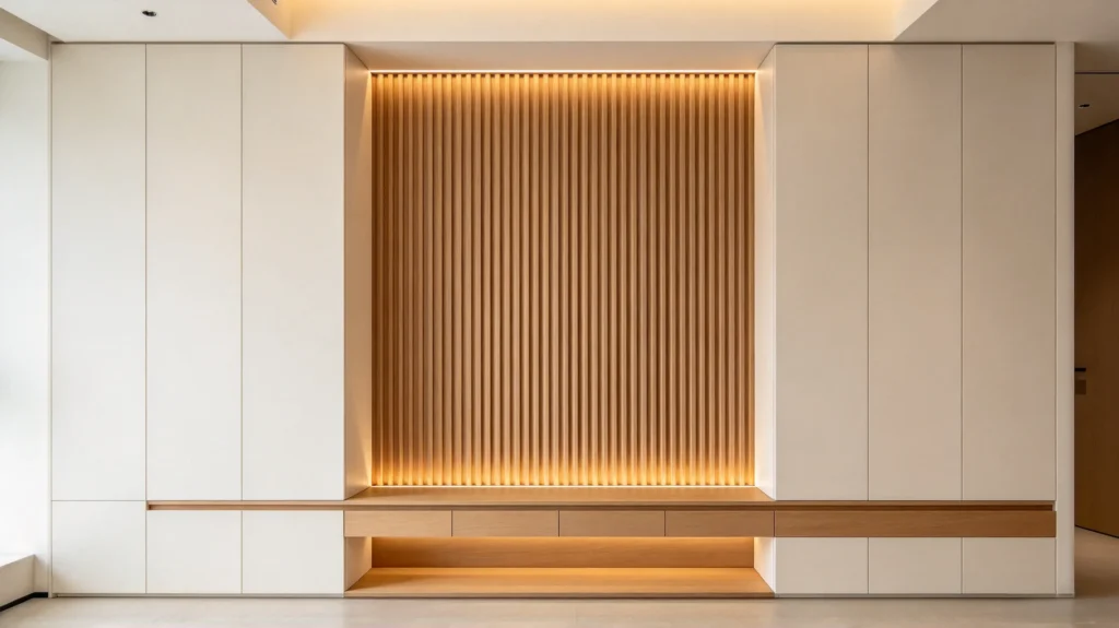 Fluted wall panel inside an architectural niche with smooth surrounding walls