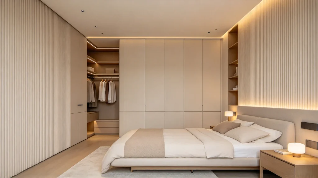 Fluted wall panel integrated with a built-in wardrobe wall in a modern bedroom