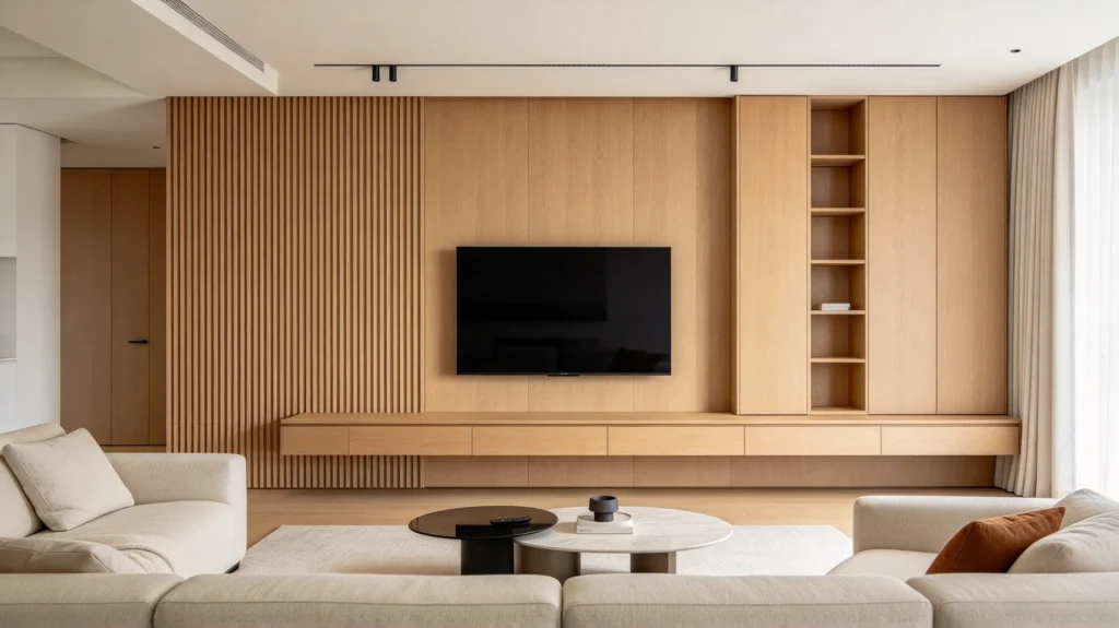Fluted wall panel integrated with a floating media cabinet in a modern living room
