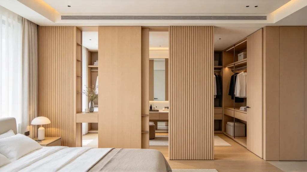 Fluted wall panel partition separating a bedroom and dressing area