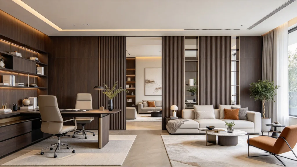 Fluted wall panel room divider between a home office and living space