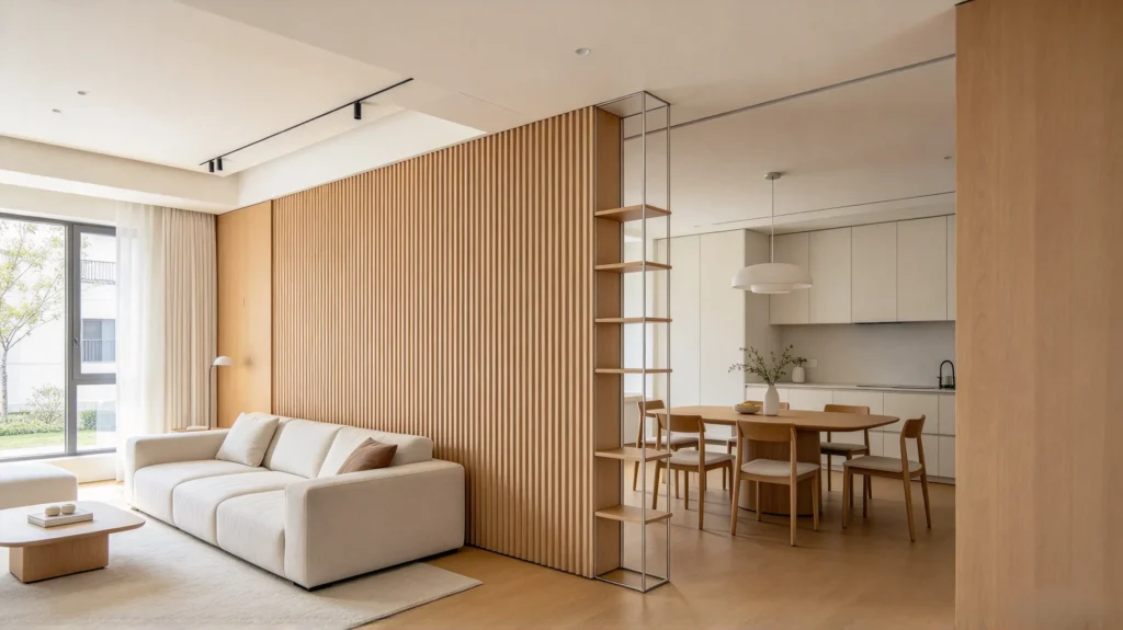 Fluted wall panel room divider separating a living room and dining area