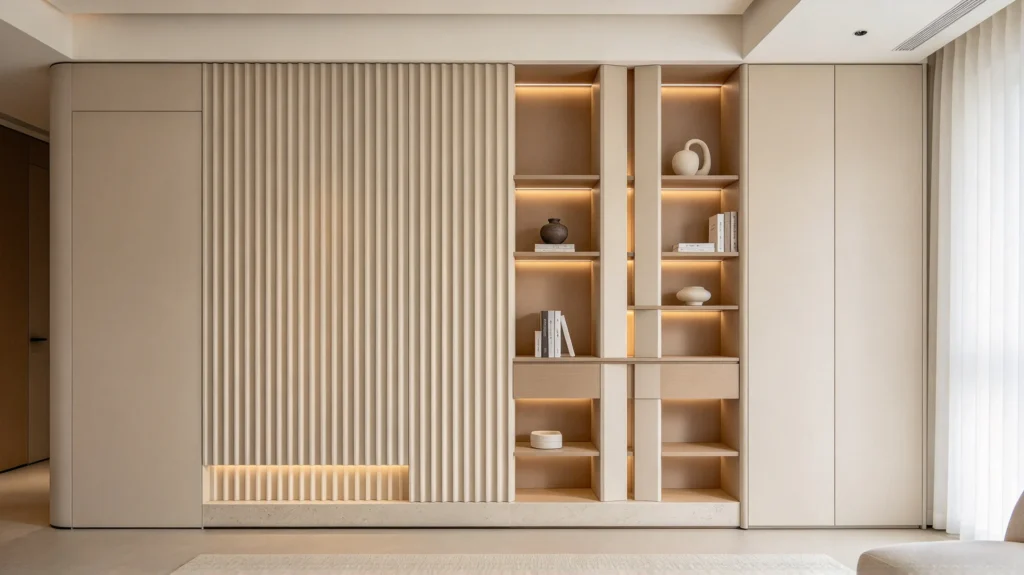 Fluted wall panel with built-in display shelving in a modern interior