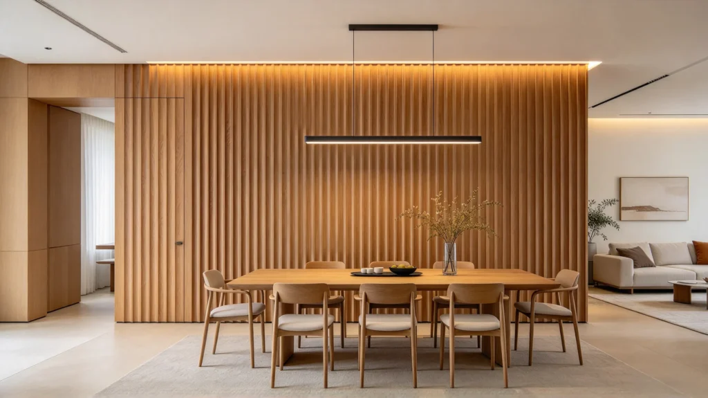 Full-height oak fluted wall panel with a natural wood dining table and linear pendant light