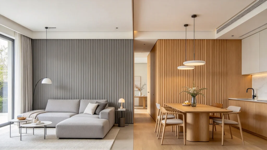 Gray and natural wood two-tone fluted wall panel defining an open-plan dining area