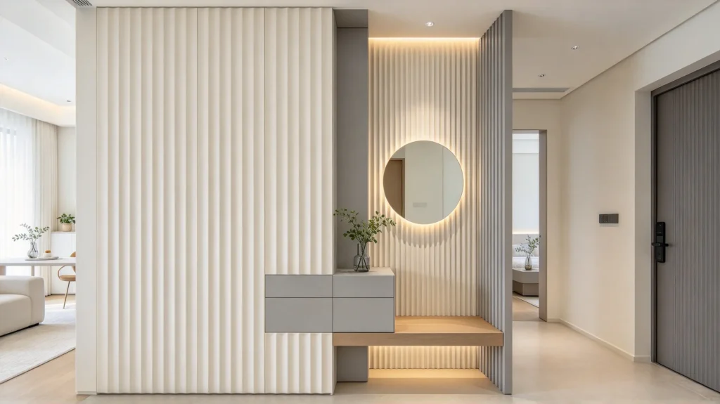 Ivory and light gray two-tone fluted wall panel in a small entryway with a bright spacious feel