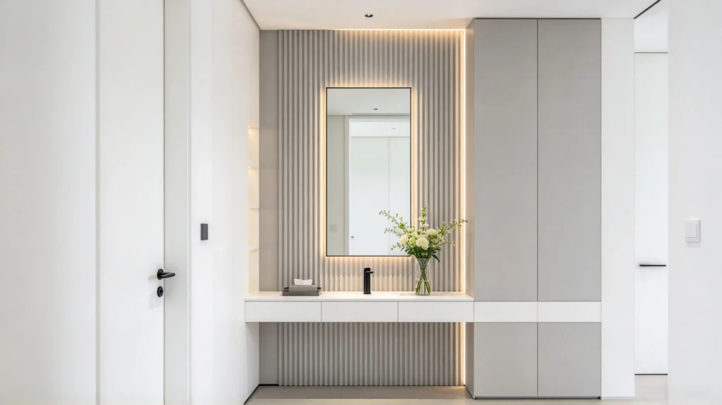 Light gray fluted wall panel with white decor in a minimalist foyer