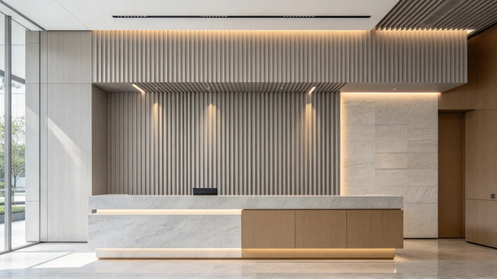 Light gray wood-look fluted wall panel extending onto the ceiling in a reception area