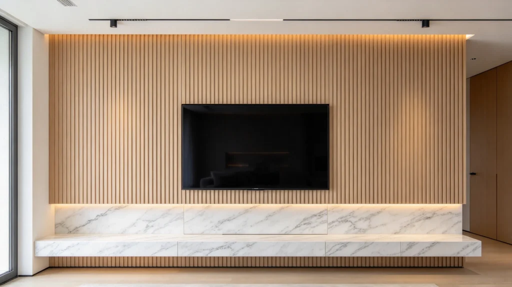 Light maple fluted wall panel with a horizontal stone backdrop in a modern interior