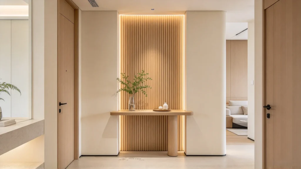 Light oak fluted wall panel with beige and cream decor in a modern entryway