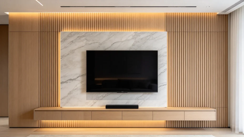 Light oak fluted wall panel with light marble-effect stone in a modern interior