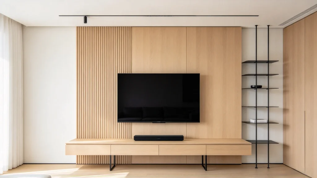 Light wood fluted TV wall panel with black metal accents in a modern living room