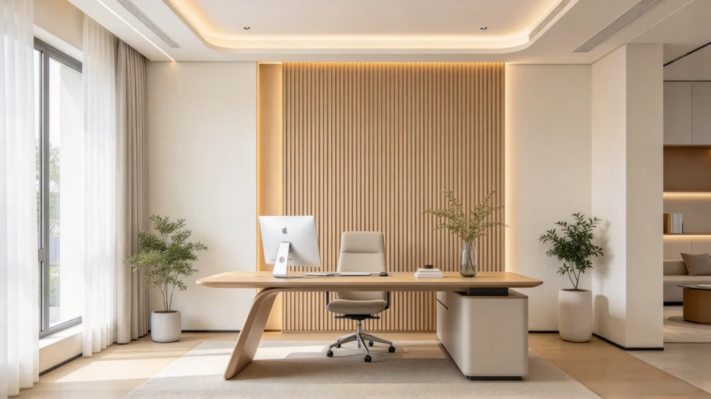 Light wood fluted accent wall panel behind a desk in a modern home office