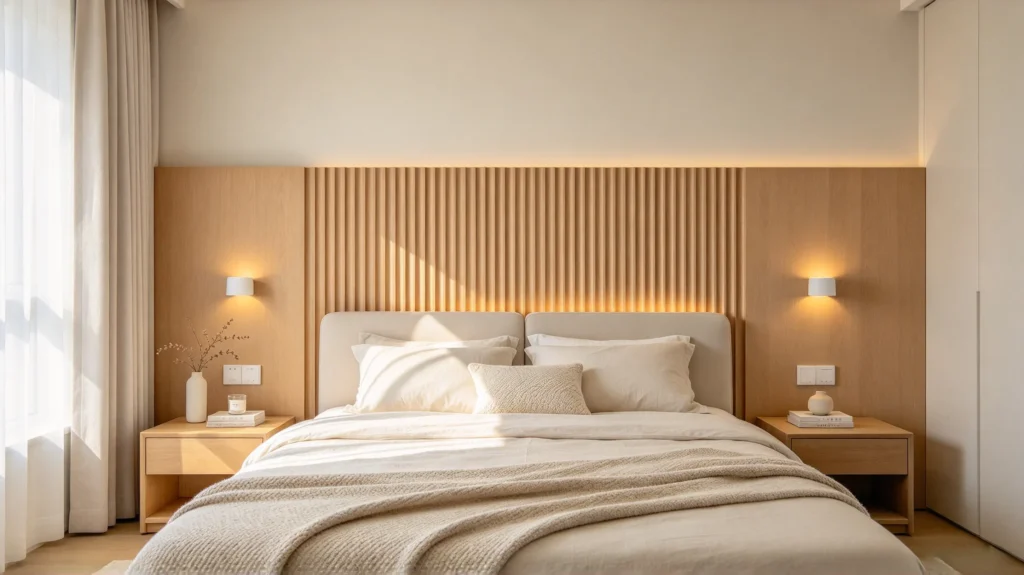 Light wood fluted headboard with warm neutral tones in a cozy bedroom