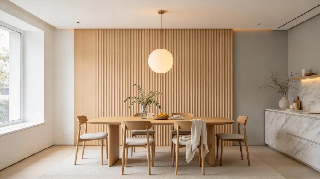 Light wood fluted wall panel with stone surfaces in a minimalist dining room