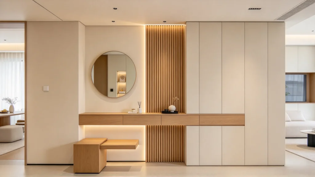 Narrow fluted wall panel accent behind a console table in a modern interior