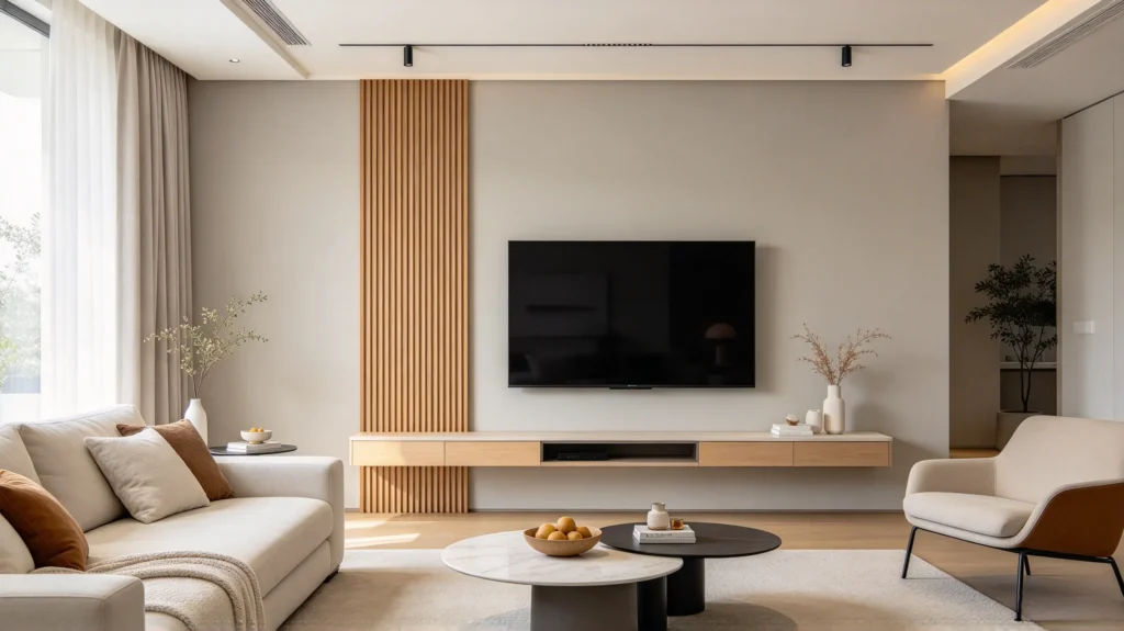 Narrow vertical fluted wall panel beside a TV in a modern living room