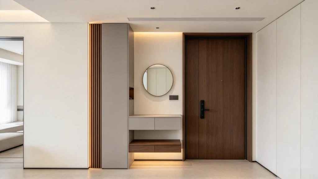 Narrow vertical fluted wall panel beside a doorway in a modern interior