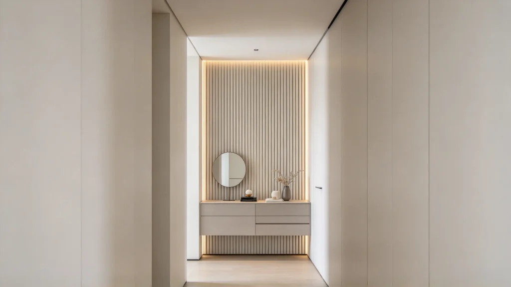 Narrow vertical fluted wall panel creating a focal point at the end of a hallway
