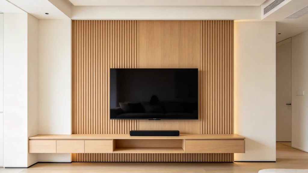 Natural oak fluted TV wall panel with floating media console in a modern living room