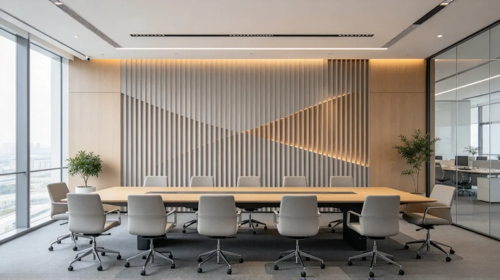 Neutral wood-look fluted wall panel behind a conference table in a modern office