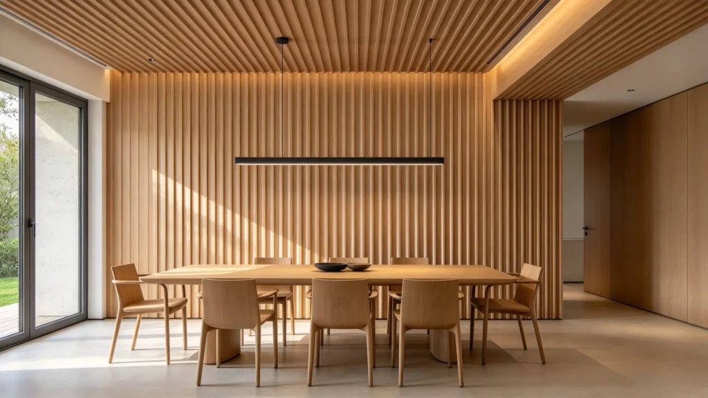 Oak fluted wall panel extending onto the ceiling in a modern dining area