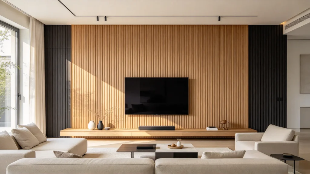 Two-tone fluted wall panel TV wall with oak-colored panels and dark fluted framing