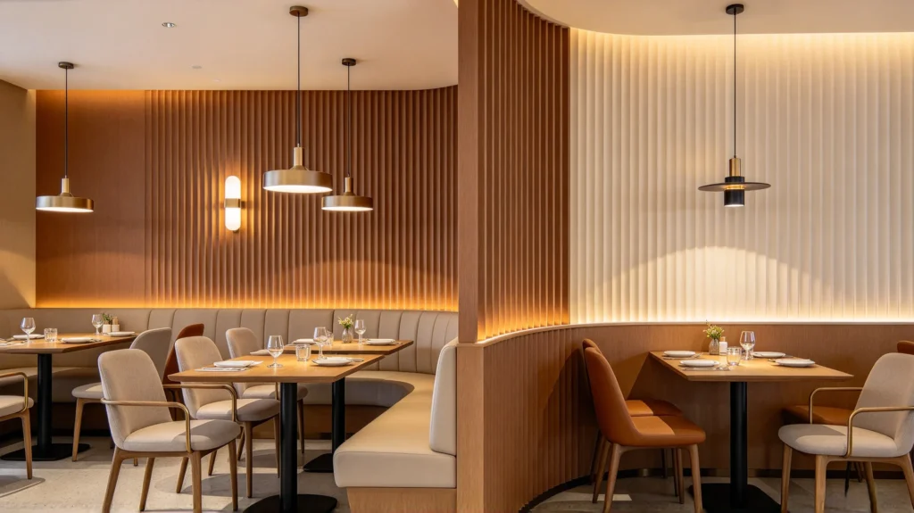 Two-tone fluted wall panel dividing seating areas in a modern restaurant