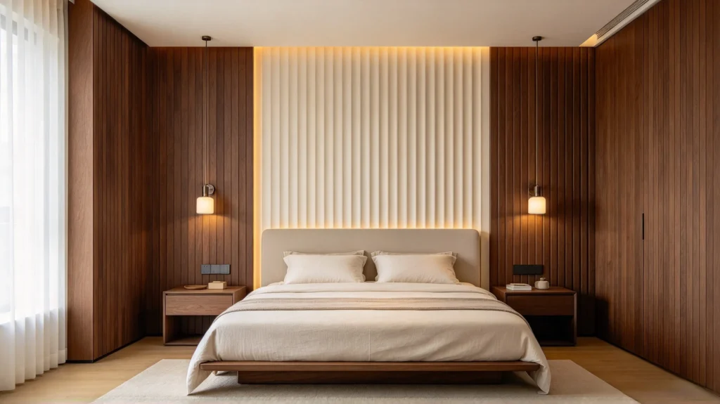Two-tone fluted wall panel headboard with warm beige and walnut panels in a modern bedroom