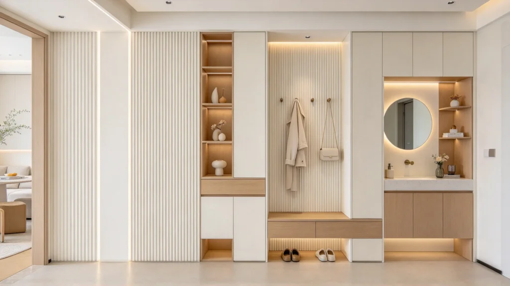 Vertical fluted wall panel integrated with an entryway cabinet in a modern foyer