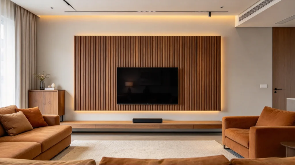 Walnut fluted TV wall panel with warm-toned furniture in a modern living room