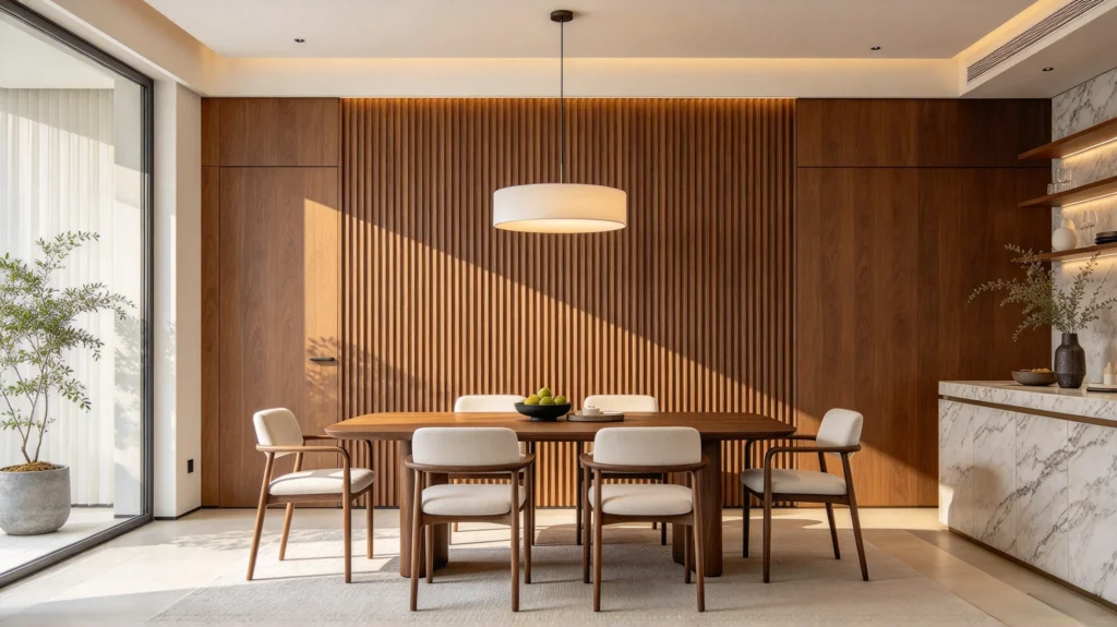 Walnut fluted dining wall panel with warm pendant lighting and a stone sideboard