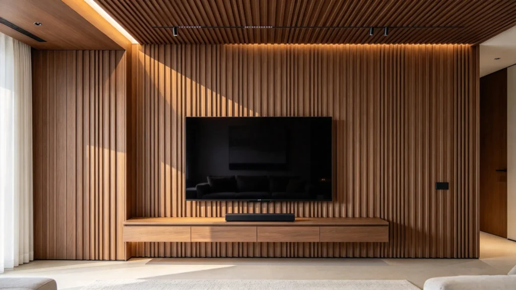 Walnut fluted wall panel extending from a TV wall onto the ceiling
